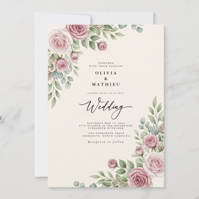 Convites Rosa Malva Elegante Casamento Aquarela (Frente)