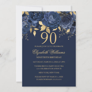 Convites Rosa Marinho 90 Dourado Floral Aniversário