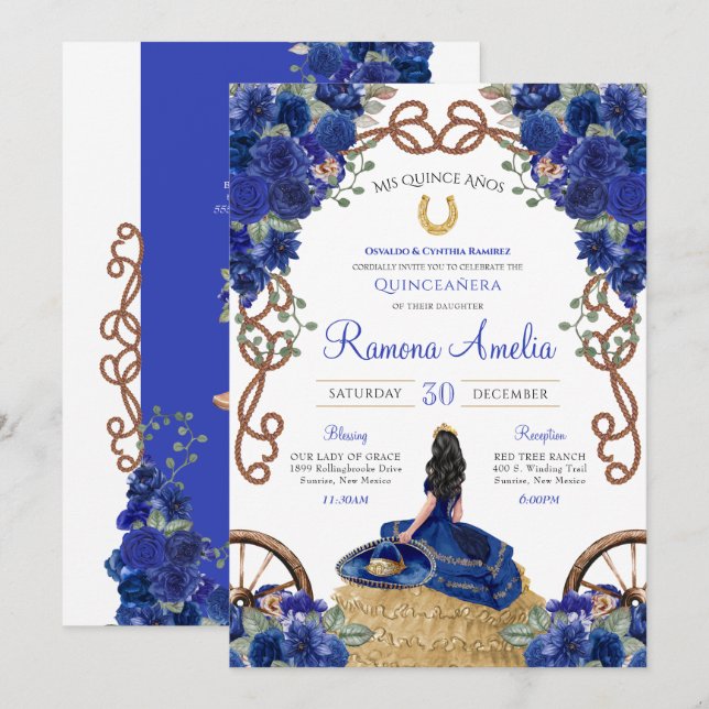 Convites Rosa Marinho Azul Charra Western Quinceañera (Frente/Verso)