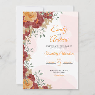 Convites Rosa Marrom Elegante Floral Aquarela Casamento