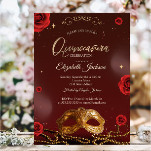 Convites Rosa Masque Pearls Burgundy Quinceanera