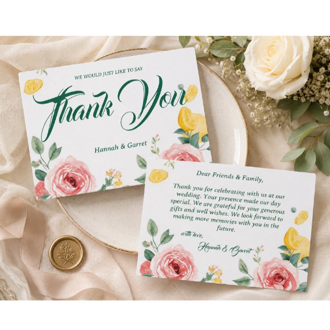 Convites Rosa Mediterrâneo Bege e Limão Casamento Obrigado (Criador carregado)