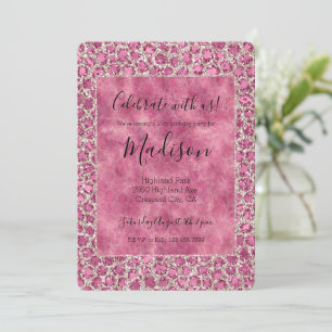 Convites Rosa Menina Glitzy Glam Impressão Leopardo Brilhan