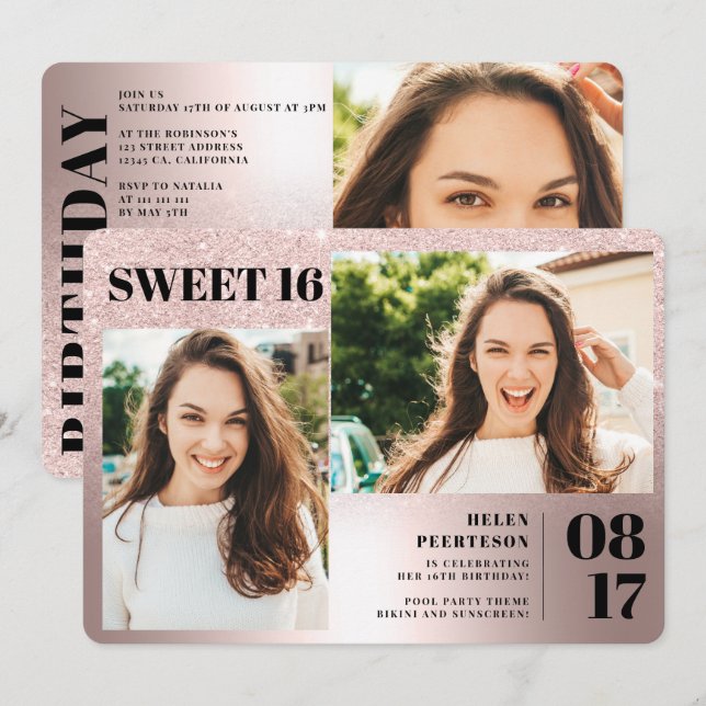 Convites Rosa metálico brilho 3 fotos Doce 16 anos (Frente/Verso)