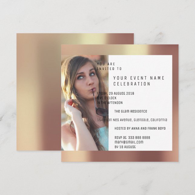 Convites Rosa Metálico de Foto do Partido Bridal (Frente/Verso)