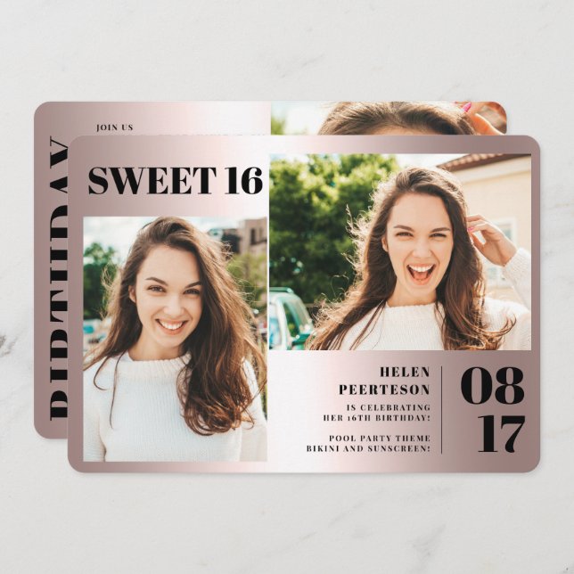 Convites Rosa metálico negrito 3 fotos Doce 16 anos (Frente/Verso)
