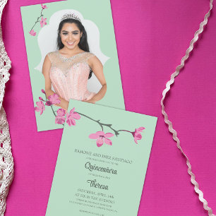 Convites Rosa, Mint Verde Cherry Blossom Foto Quinceanera