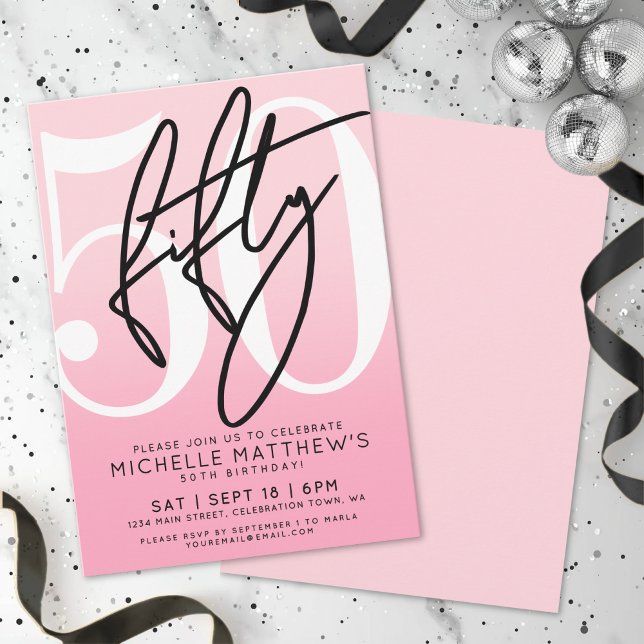 Convites Rosa Moderno Aniversário de 50 anos (Pink Modern 50th Birthday Invitation )