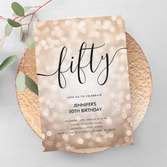 Convites Rosa moderno Dourado Luzes Brilhantes 50º Aniversá (Modern Rose Gold Glitter Lights 50th Birthday Invitation)