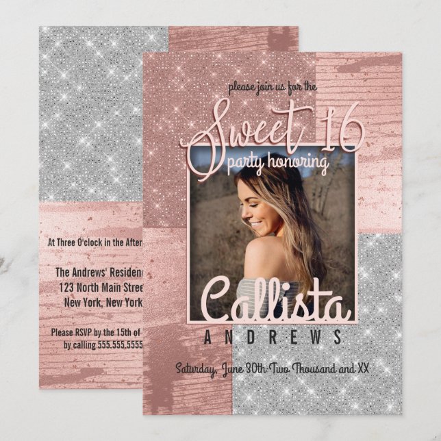 Convites Rosa moderno Dourado Silver Glitter Foto Sweet 16 (Frente/Verso)