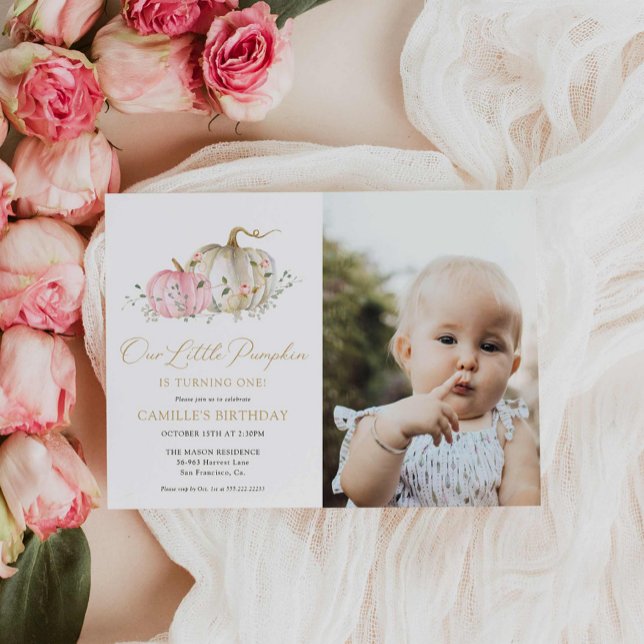 Convites Rosa Nossa Pequena Foto Do primeiro aniversario De (Our little pumpkin first birthday photo invitation)