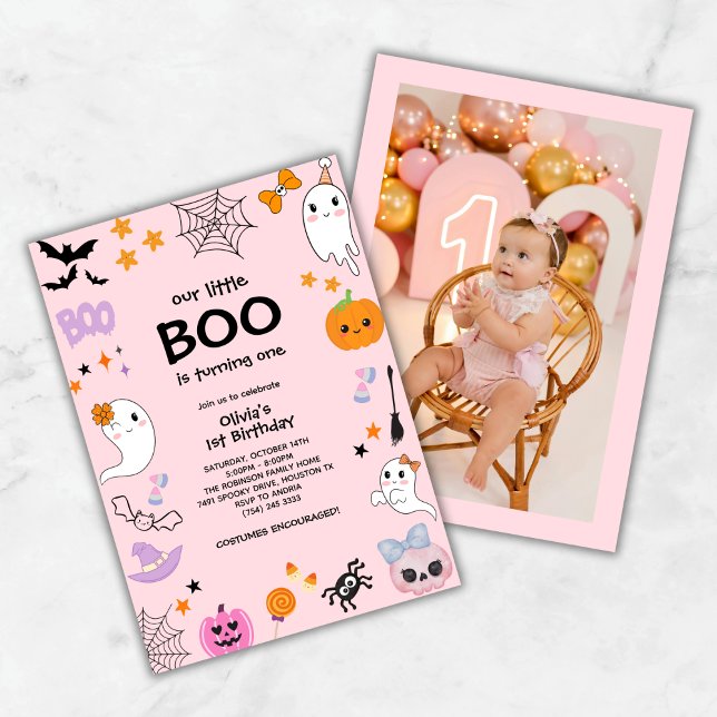 Convites Rosa Nosso Pequeno primeiro aniversario de Foto do (Pink Our Little Boo Photo Halloween 1st Birthday Invitation )