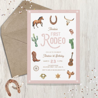 Convites Rosa Ocidental Primeiro Aniversário Rapariga Rodeo