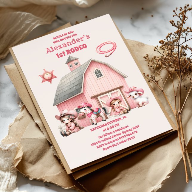 Convites Rosa Ocidental Primeiro Aniversário Rapariga Rodeo (Criador carregado)