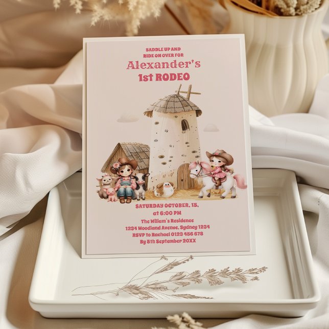 Convites Rosa Ocidental Primeiro Aniversário Rapariga Rodeo (Criador carregado)