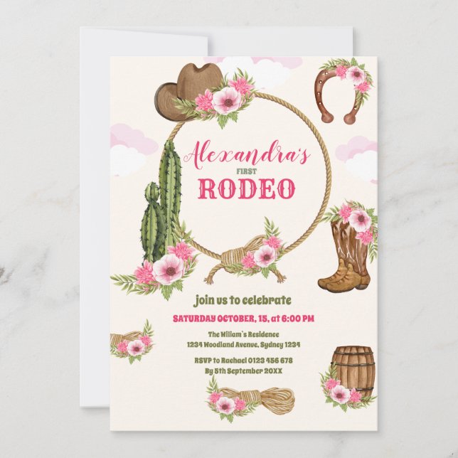 Convites Rosa Ocidental Primeiro Aniversário Rapariga Rodeo (Frente)