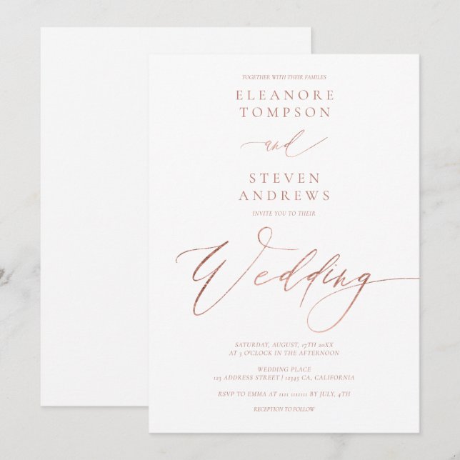 Convites Rosa-ouro-chic - casamento branco luxo (Frente/Verso)
