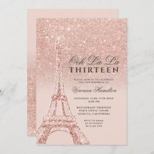 Convites rosa ouro de torre Eiffel glitter chic rosa treze