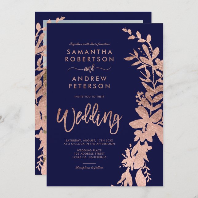 Convites Rosa ouro floral, marinho azul,  azul (Frente/Verso)