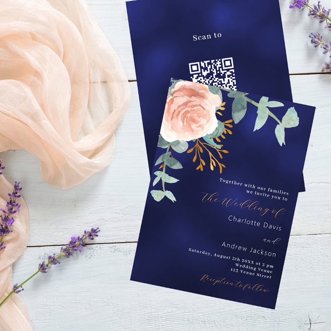 Convites Rosa ouro floral marinho azul QR RSVP casamento lu (Criador carregado)