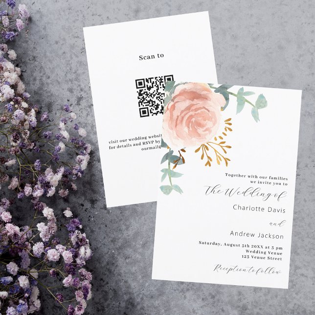 Convites Rosa ouro floral verde código QR casamento RSVP (Criador carregado)