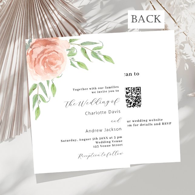 Convites Rosa ouro floral verde código QR casamento RSVP (Criador carregado)