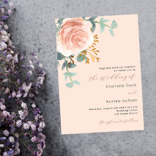 Convites Rosa ouro floral verde pêssego casamento