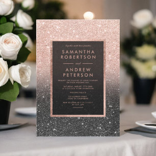 Convites Rosa ouro, foto de relâmpago preto, casamento omb