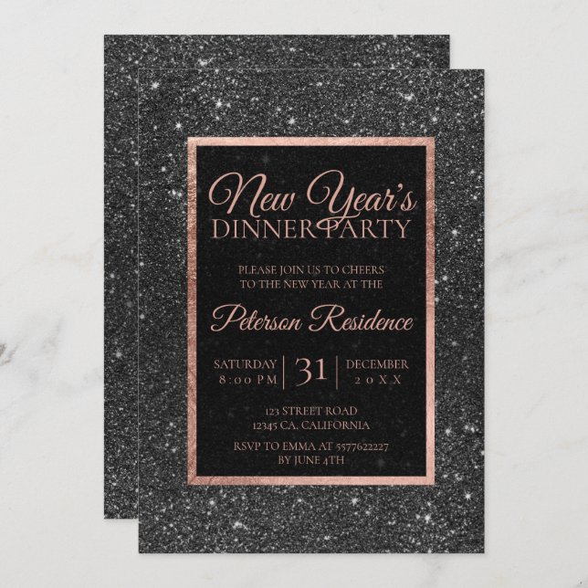 Convites rosa ouro, ouro, luxo elegante Ano novo (Frente/Verso)