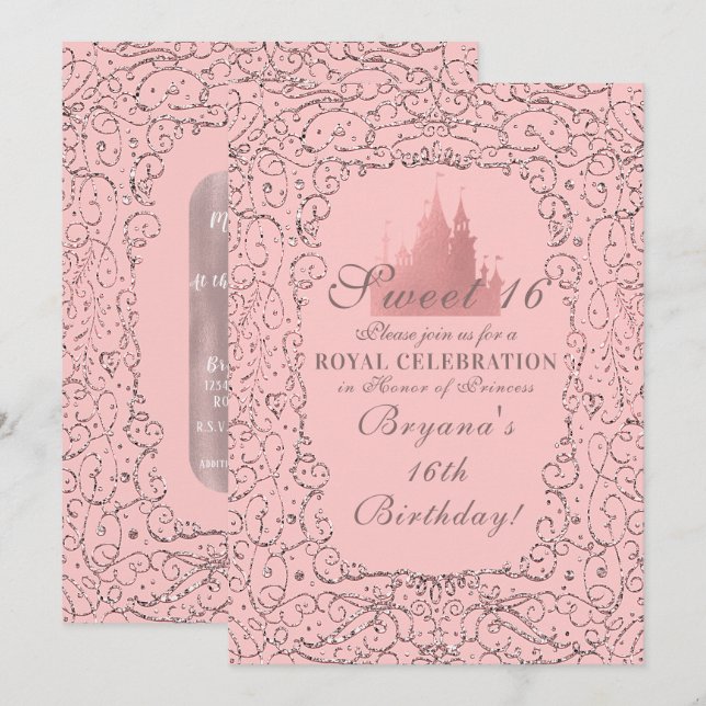 Convites Rosa Ouro Real Castelo Princesa Doce 16 (Frente/Verso)