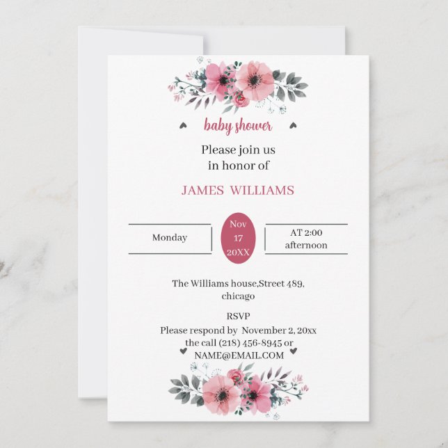 Convites Rosa para Flores Elegantes Chá de fraldas Personal (Frente)