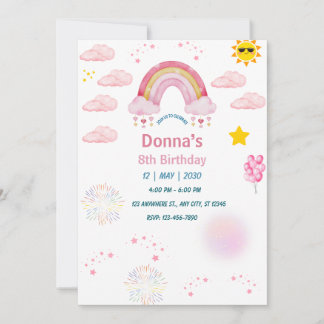 Convites Rosa pastel aquarela lindo arco-íris menina pequen