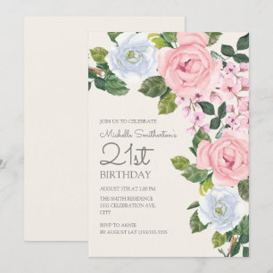Convites Rosa Pastel Branco Floral Aniversário de 21 Anos F