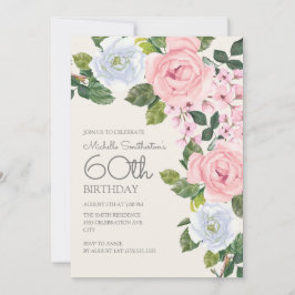 Convites Rosa Pastel Branco Floral Aniversário de 60 anos d