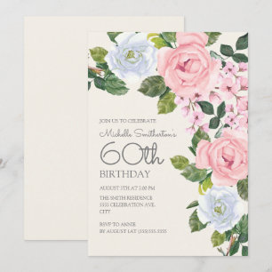 Convites Rosa Pastel Branco Floral Aniversário de 60 anos d