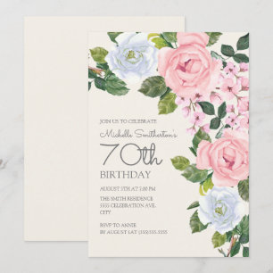 Convites Rosa Pastel Branco Floral Aniversário de 70 anos d