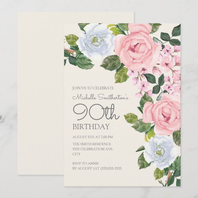 Convites Rosa Pastel Branco Floral Aniversário de 90 anos d (Frente/Verso)