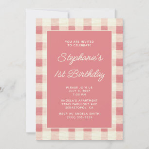 Convites Rosa Pastel Creme Gingham de Linho Aniversário de
