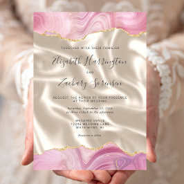 Convites Rosa Pastel Dourado Ágata Marfim Seda Casamento