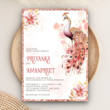 Rosa Pastel Dourado Floral Índia Pavão Casamento