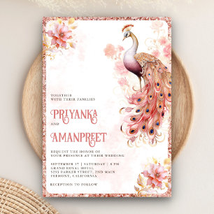 Convites Rosa Pastel Dourado Floral Índia Pavão Casamento