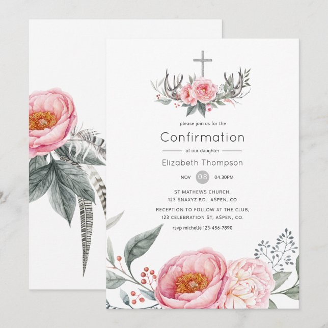 Convites Rosa Pastel e Floral Boho Cinza Confirmação (Frente/Verso)