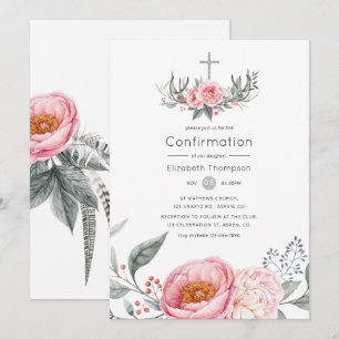 Convites Rosa Pastel e Floral Boho Cinza Confirmação