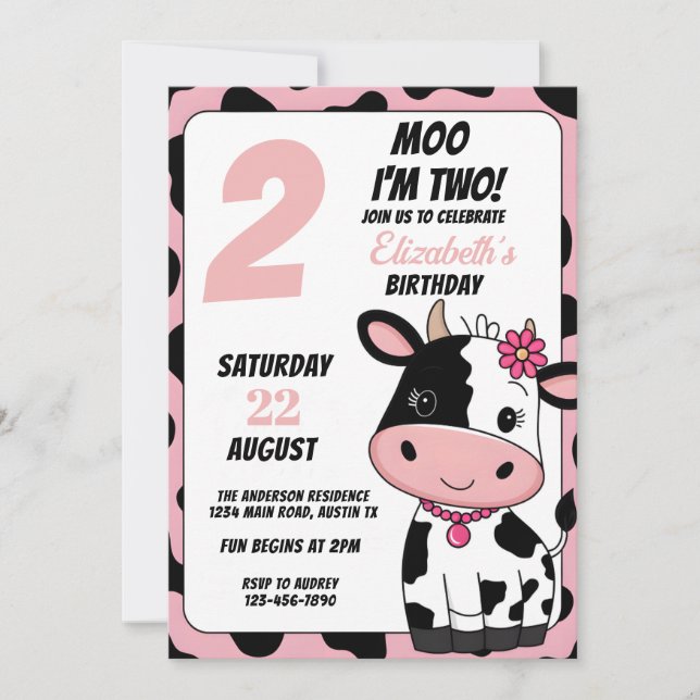 Convites Rosa Pastel e Vaca Moo Preta Aniversário de Qualqu (Frente)