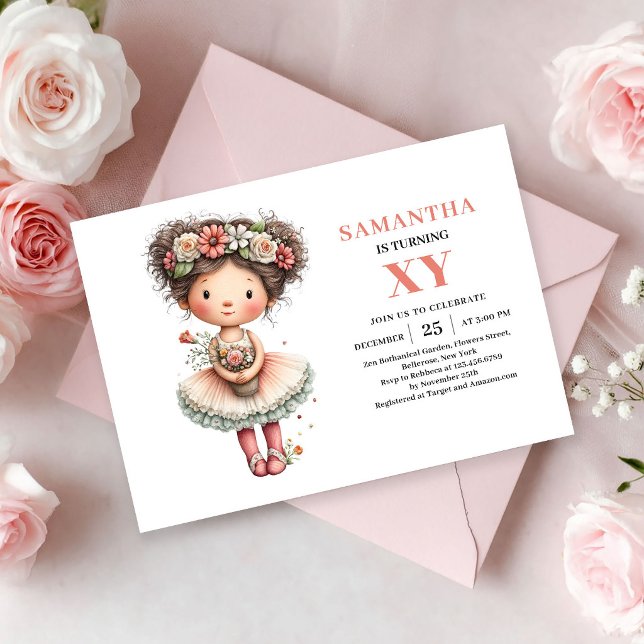 Convites Rosa Pastel para Aniversário de 9 anos da (Cute Fairy Girl 9th Birthday Pastel Pink invitation)