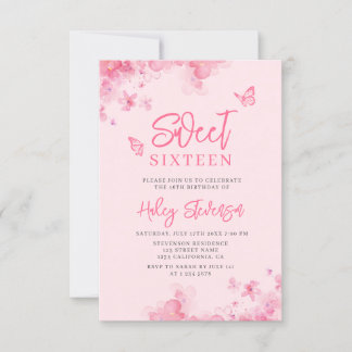 Convites Rosa pastel Romântico floral aquarela Sweet 16 