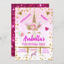 Convites Rosa Personalizado, Estrelas Douradas Unicorn Aniv