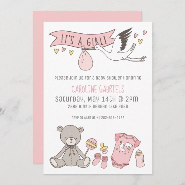 Convites Rosa personalizável É um Chá de fraldas de Garota (Frente/Verso)