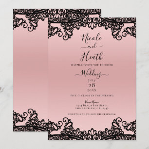 Convites Rosa Pêssego Preto Tinta Renda Elegante Casamento