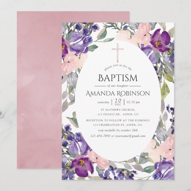 Convites Rosa Plum e Floral Baptismo ou Batizado (Frente/Verso)